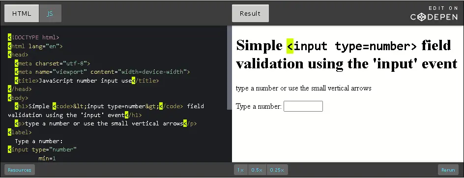 CodePen: detect value changes in a number field.