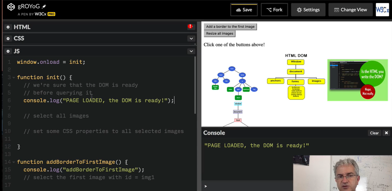 function init() and console.log 'page loaded, the dom is ready'.