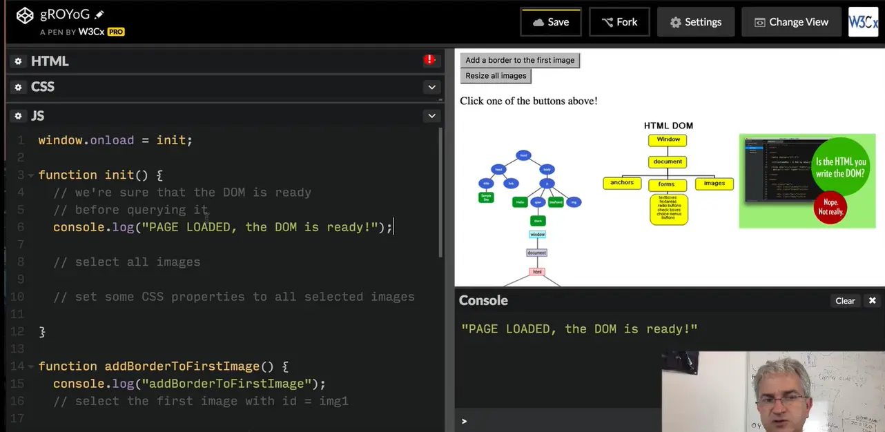 function init() and console.log 'page loaded, the dom is ready'.