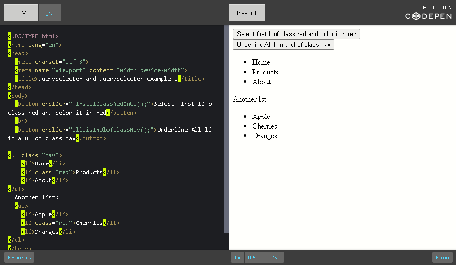 CodePen Example; Get all li's in ul class.