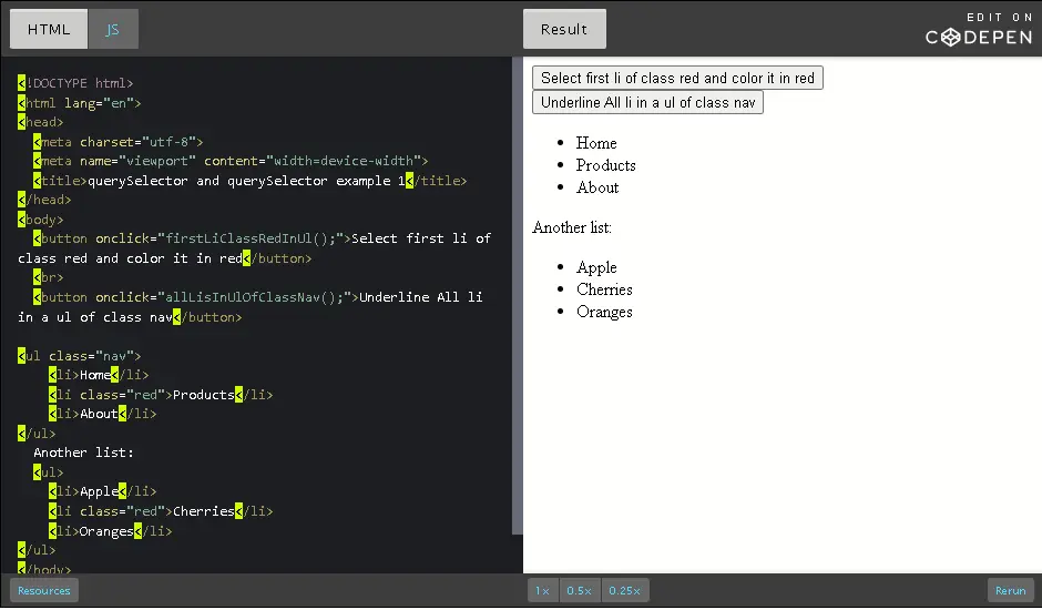 CodePen Example; Get all li's in ul class.