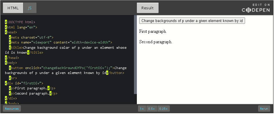 CodePen: Change background of all paragraphs in element of a given id.