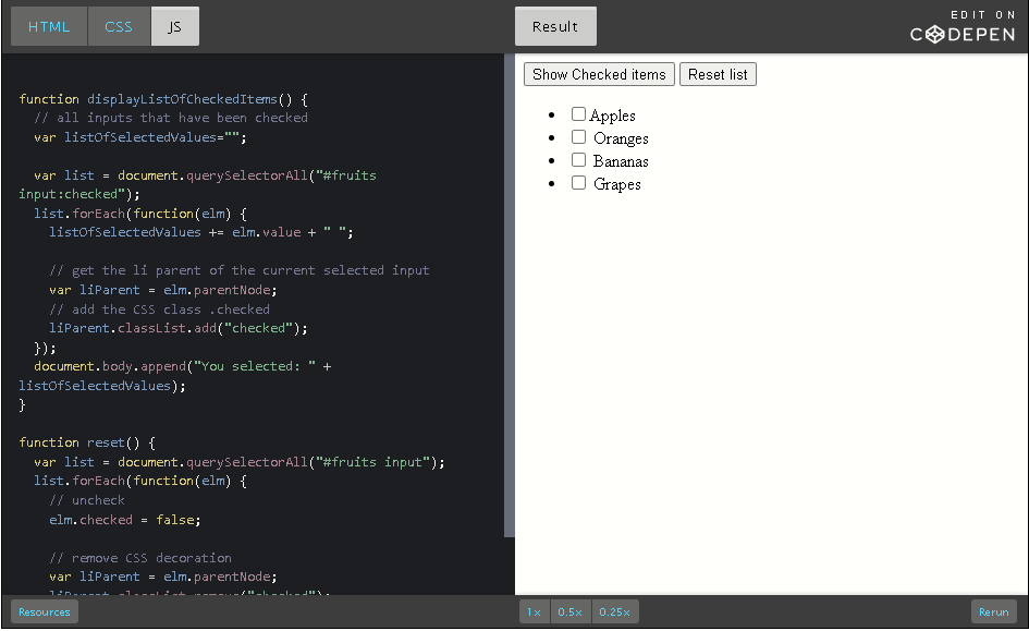 CodePen: show checked items and reset list.