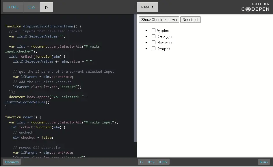 CodePen: show checked items and reset list.