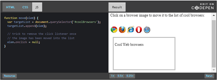 CodePen: Click a browser image to move to zone area.