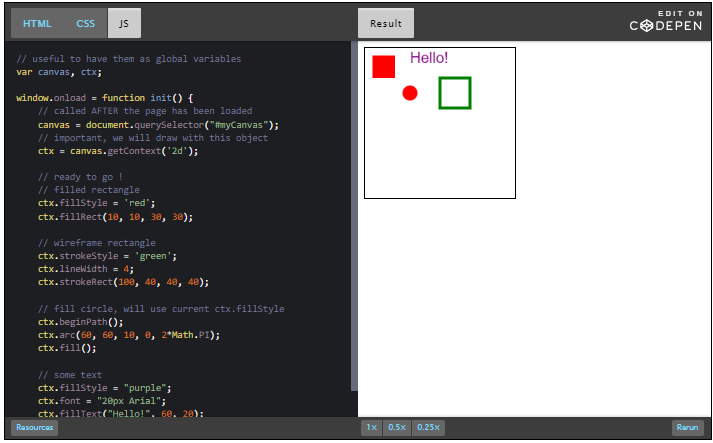 Example canvas; red circle and square, green outlined square.