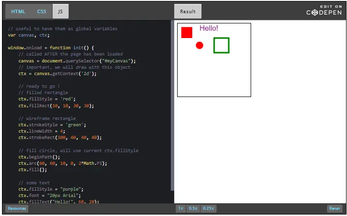 Example canvas; red circle and square, green outlined square.