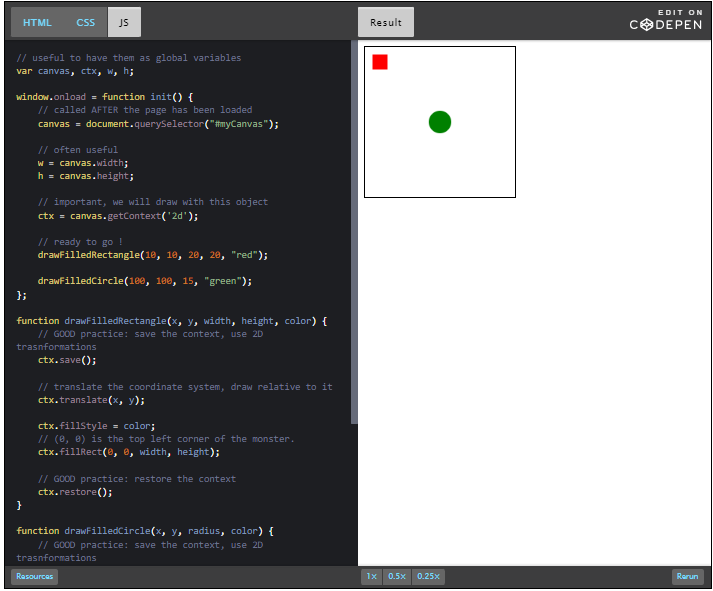 CodePen: Functions that save and restore the context before drawing.