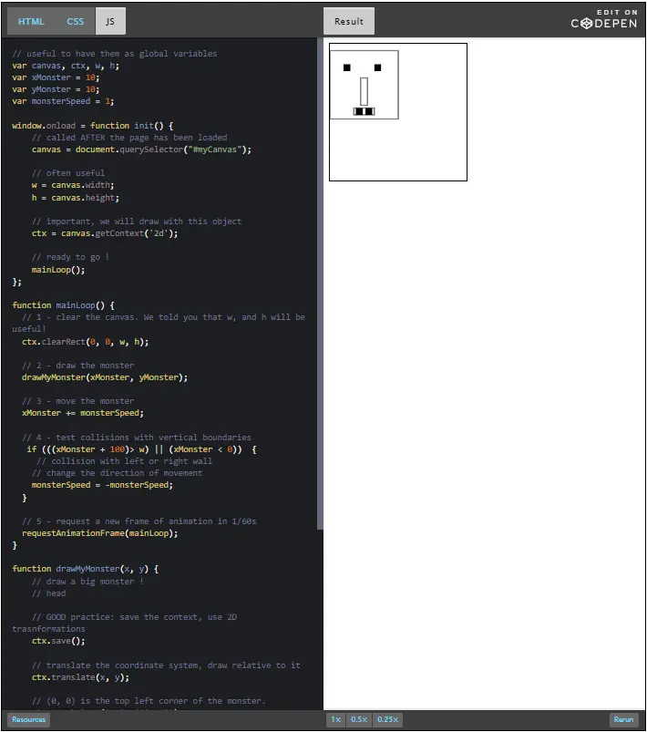 CodePen: draw drawMyMonster and animate.
