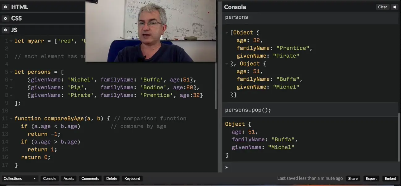 CodePen: example remove an element from array using splice, #2.