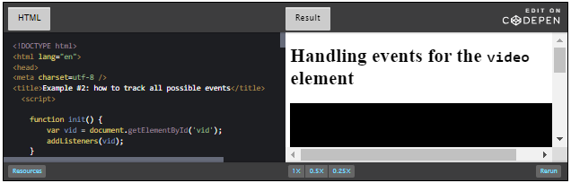 CodePen: handling events for the video element.