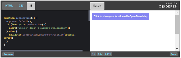 CodePen: example click to show your location.