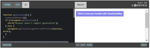 CodePen: example click to show your location.