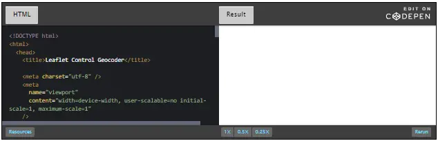 CodePen: Leaflet control reverse geocoder.