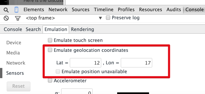 Devtool console geolocation simulation.