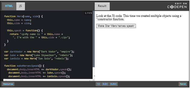 CodePen: example constructor function.