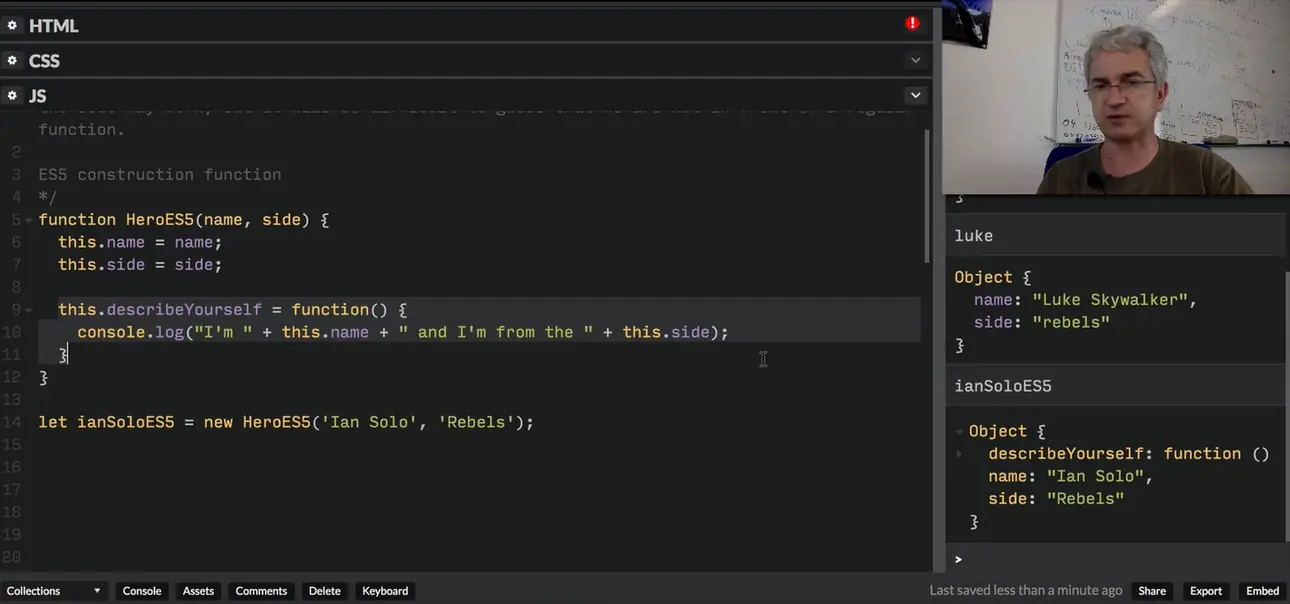 CodePen: define new object.