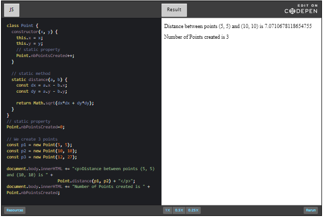 CodePen: example distance between 2 points.