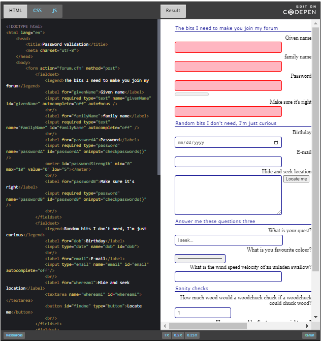 CodePen: validating user input 'on the fly' using JavaScript.