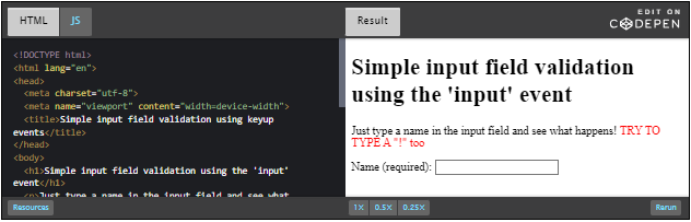 CodePen: simple input field validation using the 'input' event.