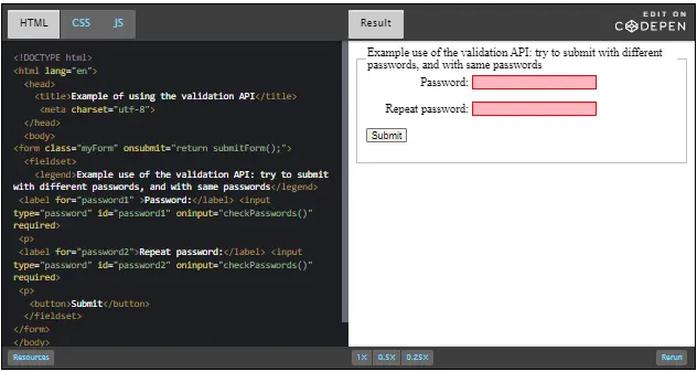 CodePen: example use of the validation API.