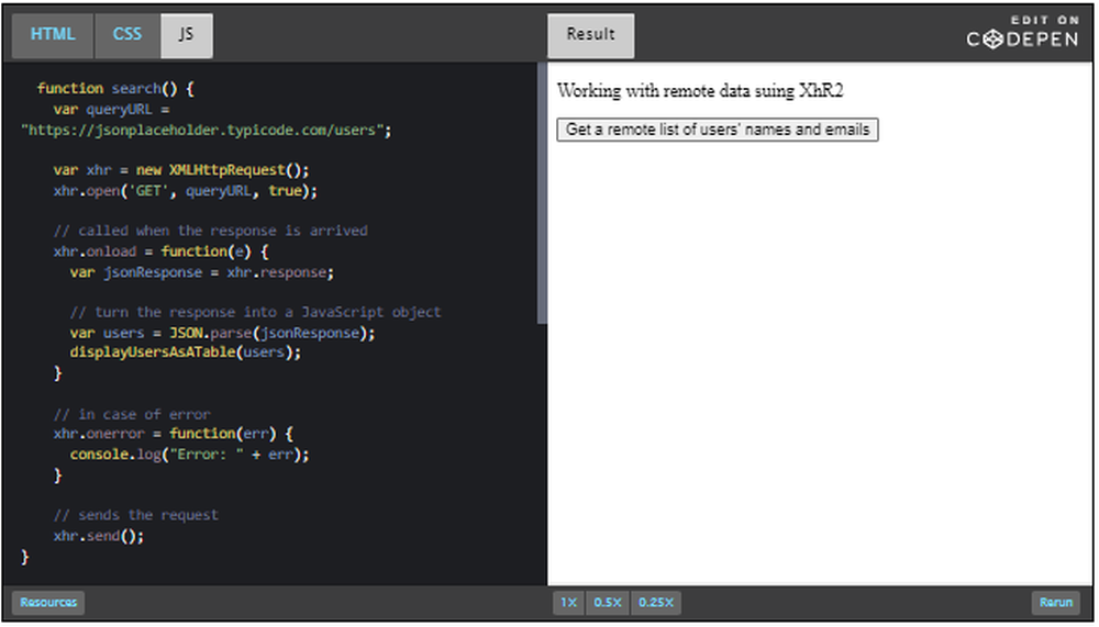 CodePen: working with remote data using XhR2 API.