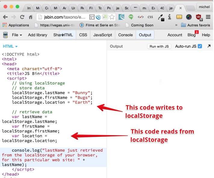 Example: localStorage.