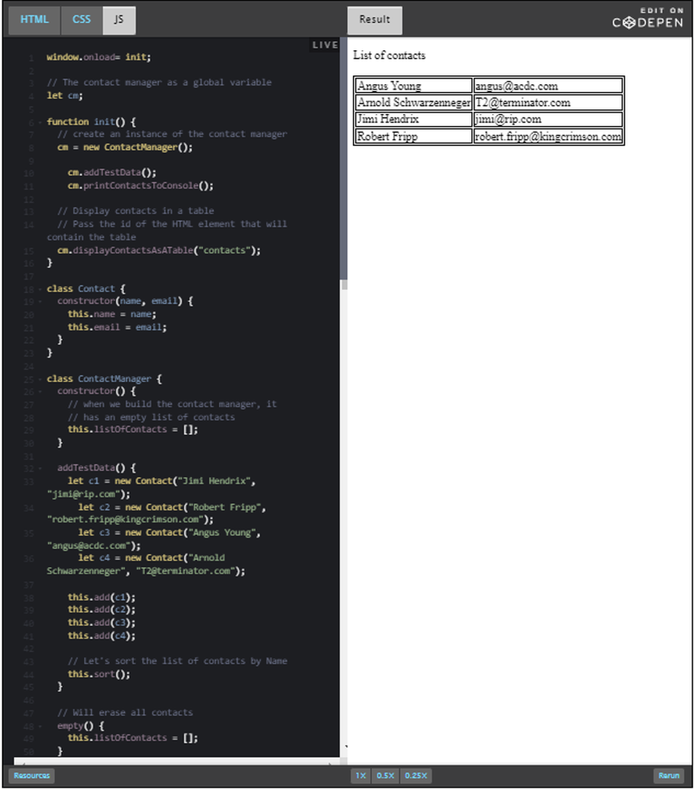 CodePen: table list of contacts.