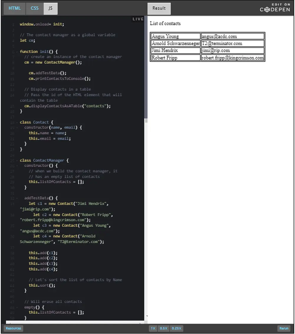 CodePen: table list of contacts.