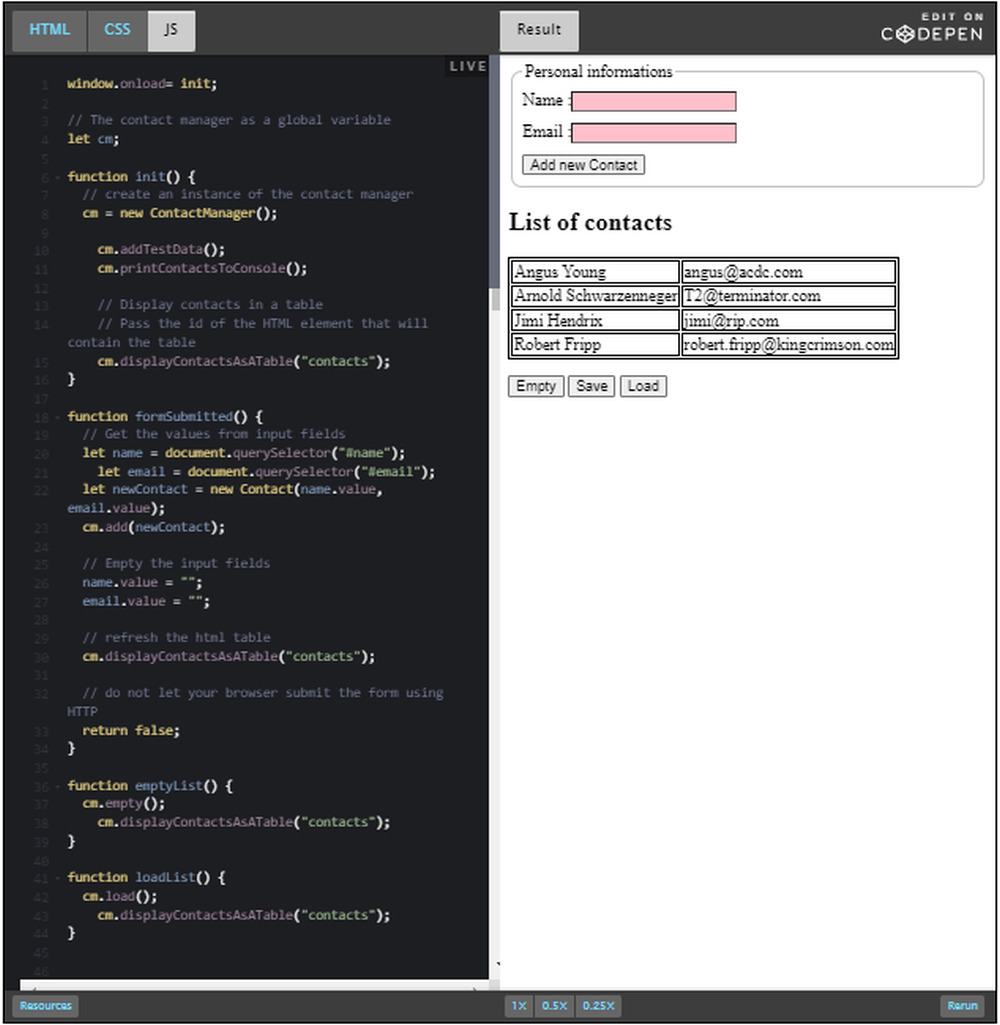 CodePen: Add new contact and list in table.